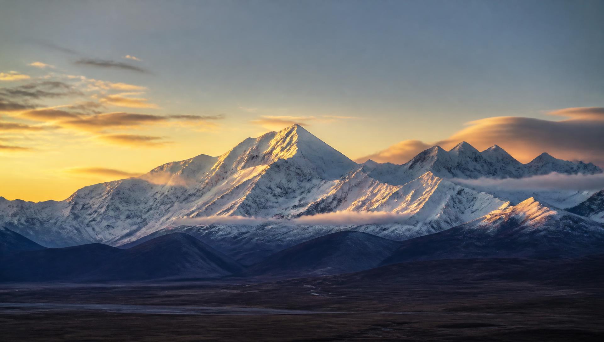 Wide view of a snow-capped Alaskan mountain range at golden hour